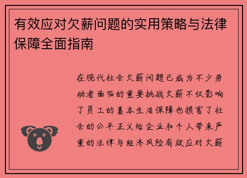 有效应对欠薪问题的实用策略与法律保障全面指南 有效应对欠薪问题的实用策略与法律保障全面指南